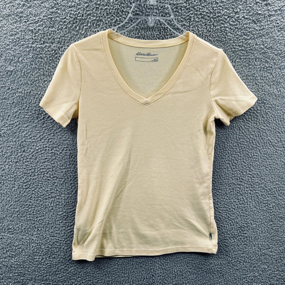 Eddie Bauer‎ Womens Top Large Yellow Short Sleeve Pullover V-Neck Shirt